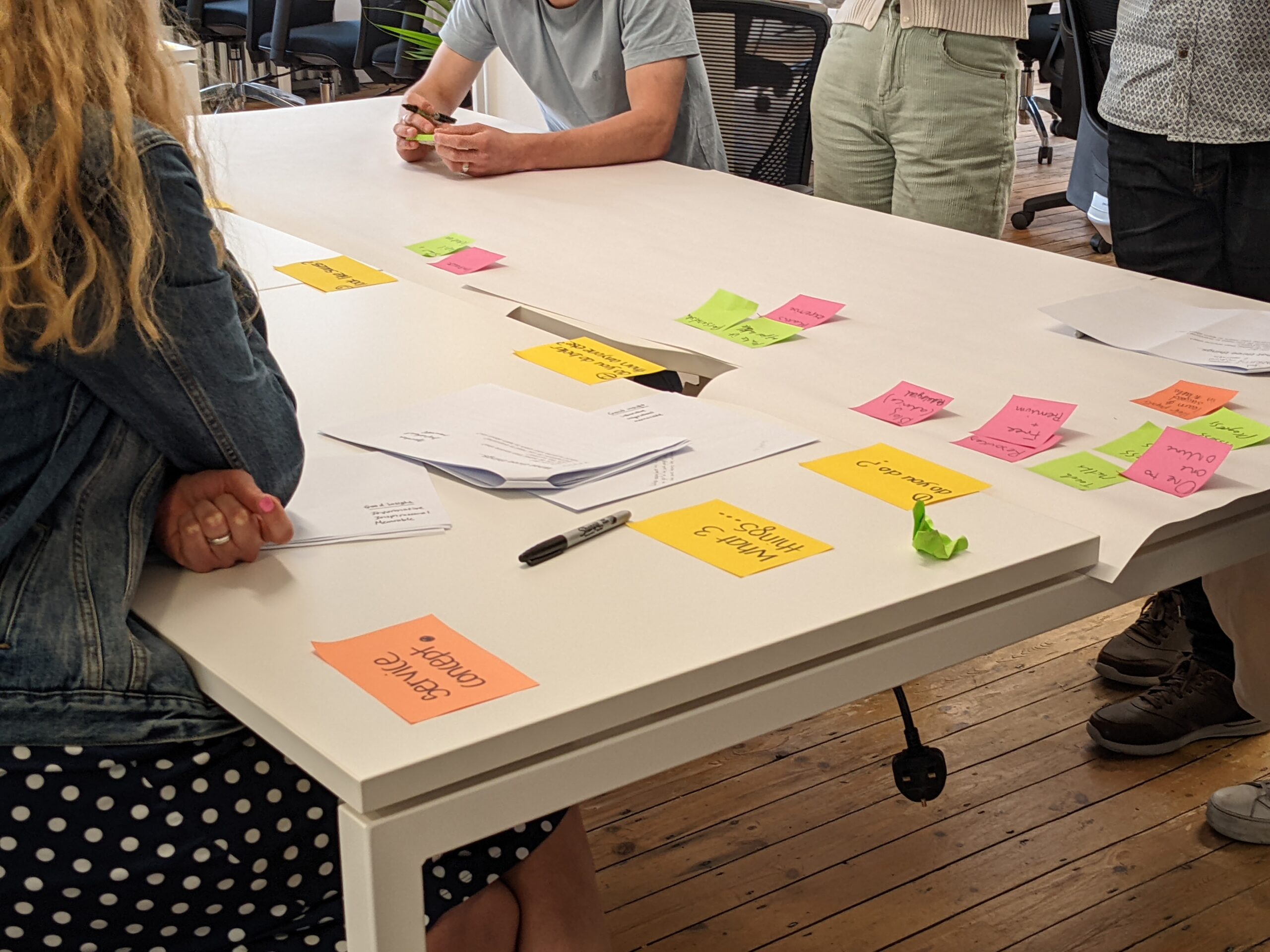 People gathered around a table with colourful sticky notes on it
